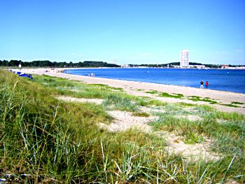 Der Priwall Strand mit Dünen und Gras an der Ostsee bei Travemünde